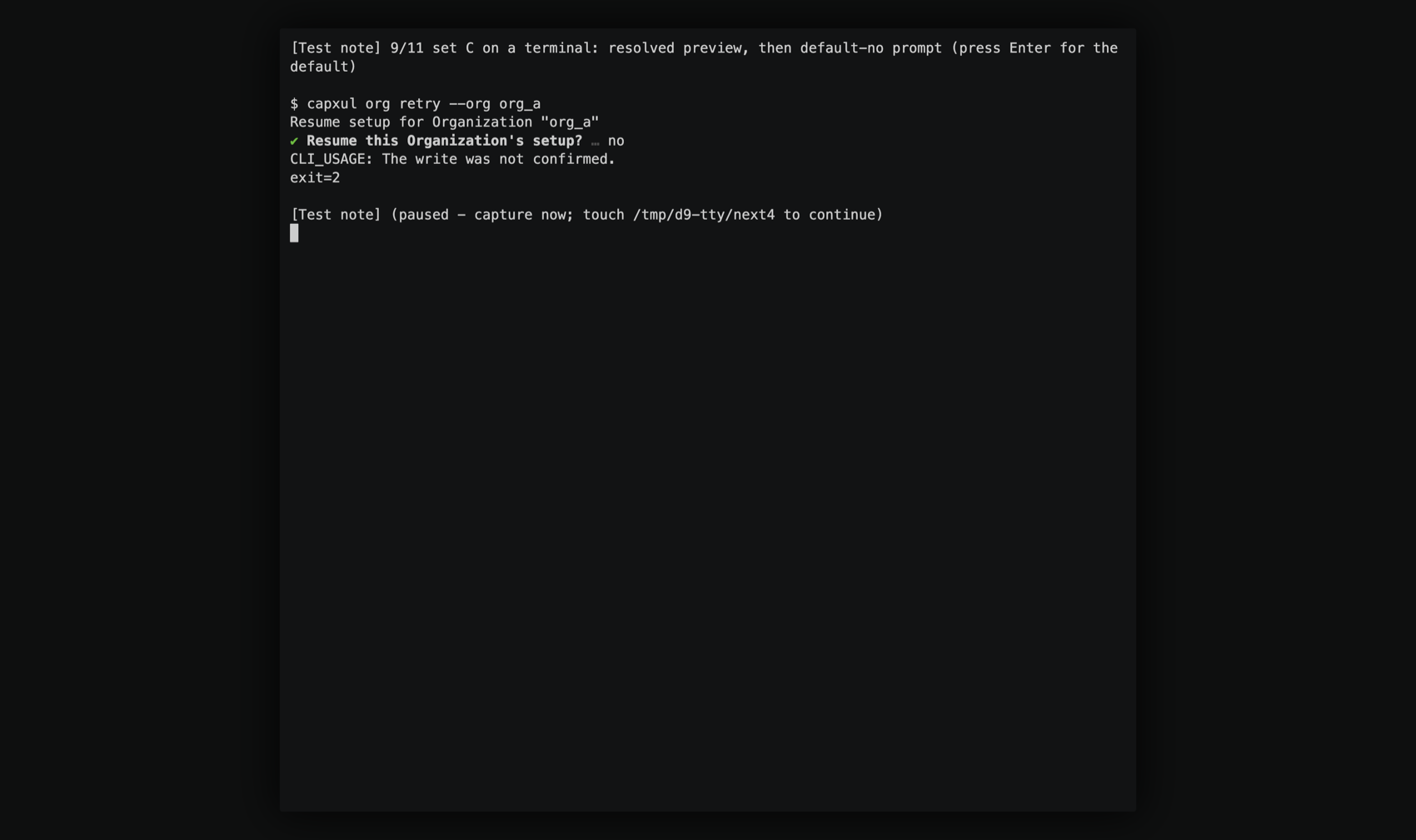 ENTER takes the default-no: CLI_USAGE, exit 2.