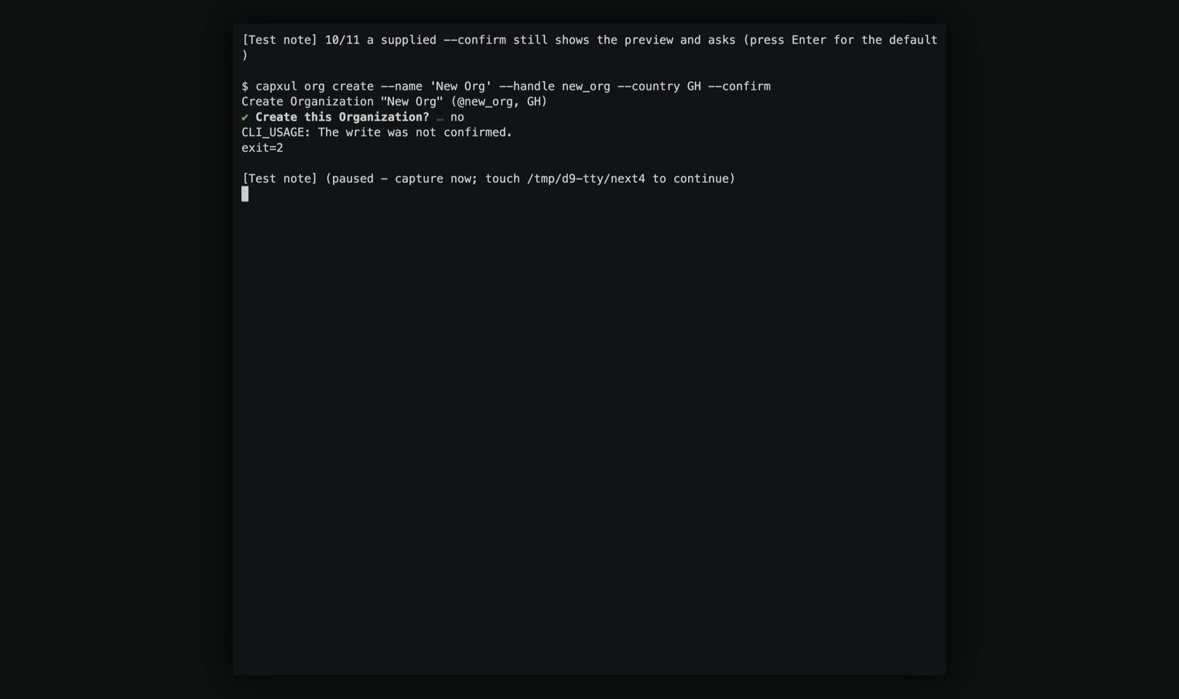 ENTER takes the default-no even with --confirm supplied: CLI_USAGE, exit 2.
