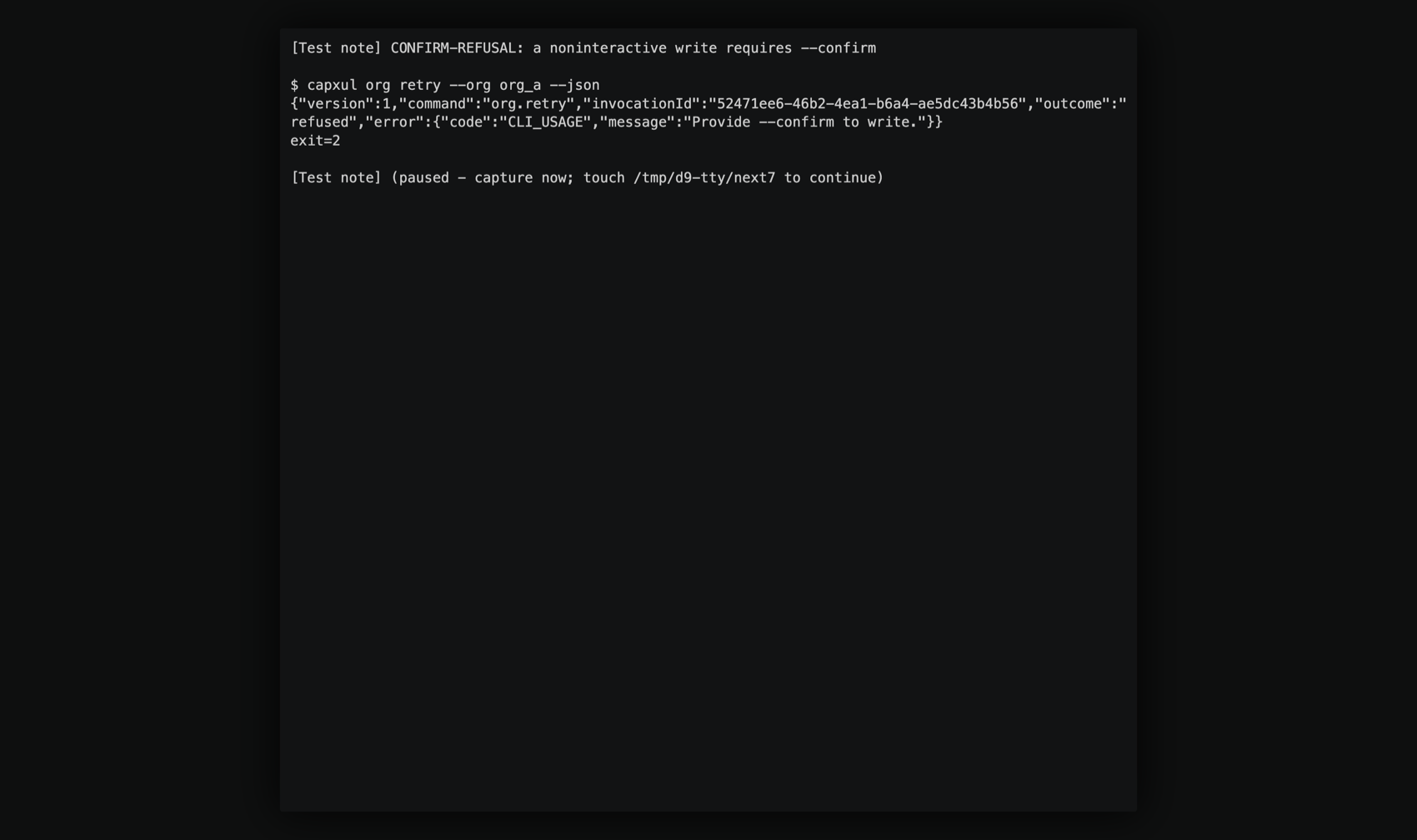 A noninteractive write without --confirm refuses with exit 2 before any client work.