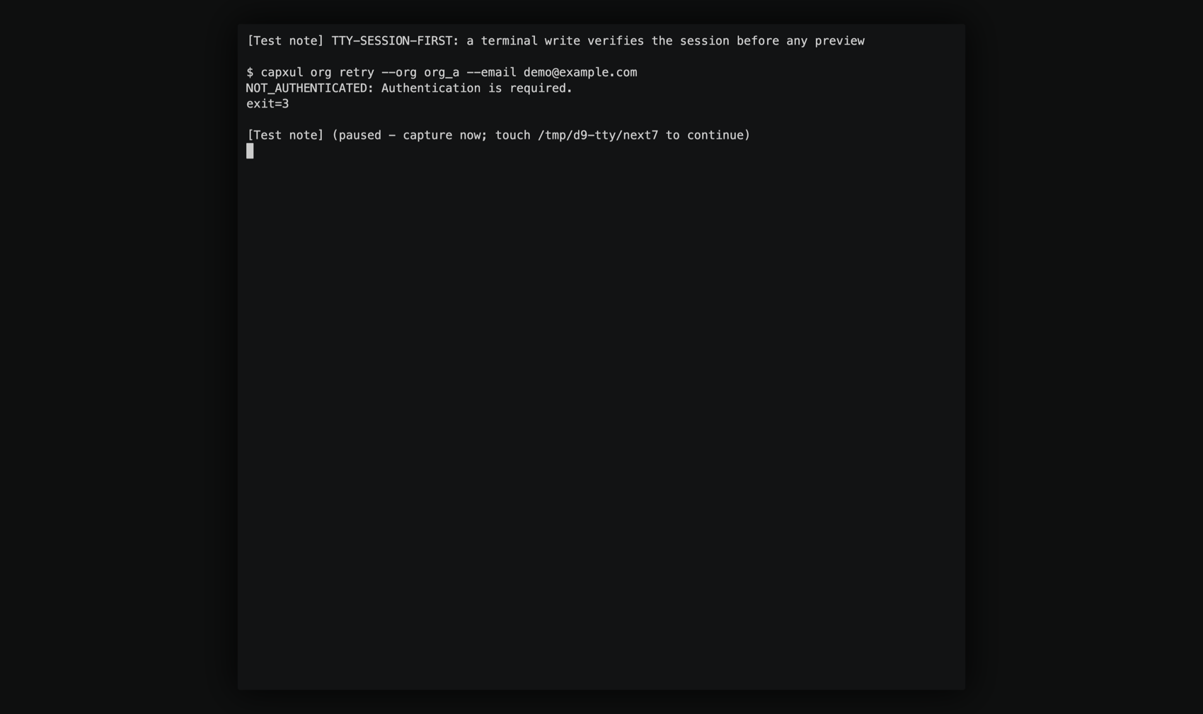 On a terminal, retry verifies the session before any preview: exit 3, no preview line.